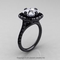 Modern French 14K Black Gold 3.0 Ct Royal Emerald Cut White Sapphire Black Diamond Single Halo Engagement Ring R288-14KBGBDWS