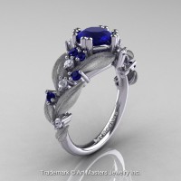 Nature Inspired 14K White Gold 1.0 Ct Blue Sapphire Diamond Leaf and Vine Engagement Ring R340S-14KWGDBS