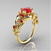 Nature Inspired 14K Yellow Gold 1.0 Ct Ruby Diamond Leaf and Vine Engagement Ring R340-14KYGDR