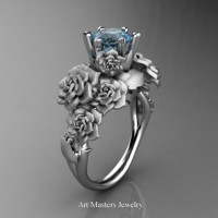 Nature Inspired 14K White Gold 1.0 Ct Blue Topaz Rose Bouquet Leaf and Vine Engagement Ring R427-14KWGBT