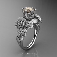 Nature Inspired 14K White Gold 1.0 Ct Morganite Rose Bouquet Leaf and Vine Engagement Ring R427-14KWGMO