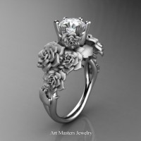 Nature Inspired 14K White Gold 1.0 Ct Simulated White Diamond Cubic Zirconia Rose Bouquet Leaf and Vine Engagement Ring R427-14KWGCZ