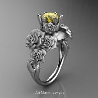 Nature Inspired 14K White Gold 1.0 Ct Yellow Sapphire Rose Bouquet Leaf and Vine Engagement Ring R427-14KWGYS