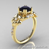 Nature Inspired 14K Yellow Gold 1.0 Ct Black White Diamond Leaf Vine Ring R245-14KYGDBD