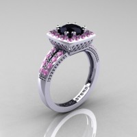 Renaissance Classic 14K White Gold 1.0 CT Black Diamond Light Pink Sapphire Blazer Engagement Ring R220-14KWGLPSBD