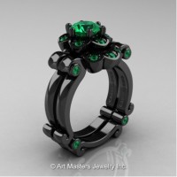 Caravaggio 14K Black Gold 1.0 Ct Emerald Engagement Ring Wedding Band Set R606S-14KBGEM