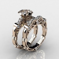 Art Masters Caravaggio 14K Rose Gold 1.0 Ct Champagne and White Diamond Engagement Ring Wedding Band Set R623S-14KRGCHD