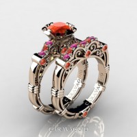 Art Masters Caravaggio 14K Rose Gold 1.0 Ct Orange and Pink Sapphire Engagement Ring Wedding Band Set R623S-14KRGPSOS