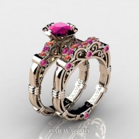 Art Masters Caravaggio 14K Rose Gold 1.0 Ct Pink and Orange Sapphire Engagement Ring Wedding Band Set R623S-14KRGOSPS