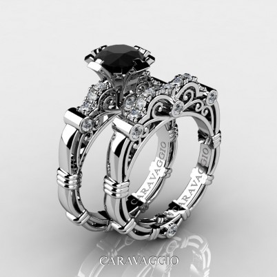 Art-Masters-Caravagio-14K-White-Gold-1-Carat-Black-White-Diamond-Engagement-Ring-Wedding-Band-Set-R623S-14KWGDBD-P-402×402