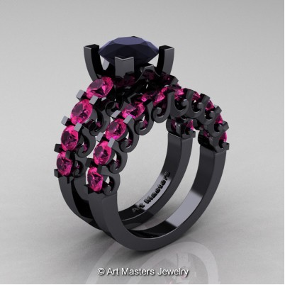 Art-Masters-Modern-Vintage-14K-Black-Gold-3-Ct-Black-Diamond-Pink-Sapphire-Wedding-Ring-Set-R142S-14KBGPSBD-P-402×402