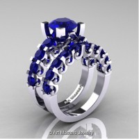 Modern Vintage 14K White Gold 3.0 Carat Blue Sapphire Designer Wedding Ring Bridal Set R142S-14KWGBS