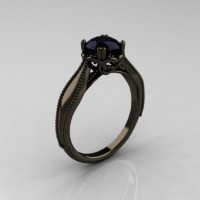 Art Nouveau 14K Black Gold 1.0 Carat Black Diamond Engagement Ring R207-BGBD
