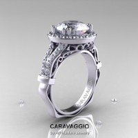 Caravaggio Italian 14K White Gold 3.0 Ct White Sapphire Diamond Engagement Ring Wedding Ring R620-14KWGDWS