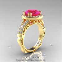 Caravaggio Italian 14K Yellow Gold 3.0 Ct Pink Sapphire Diamond Engagement Ring Wedding Ring R620-14KYGDPS