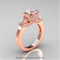 Classic Armenian 14K Rose Gold 1.0 Ct White Sapphire Diamond Engagement Ring R283-14KRGDWS
