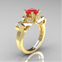 Classic 14K Yellow Gold 1.0 Ct Ruby White Diamond Solitaire Engagement Ring R323-14KYGDR
