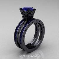 Classic Armenian 14K Black Gold 1.0 Ct Blue Sapphire Engagement Ring Wedding Band Bridal Set AR140S-14KBGBS