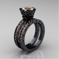 Classic Armenian 14K Black Gold 1.0 Ct Champagne Diamond Engagement Ring Wedding Band Bridal Set AR140S-14KBGCHD
