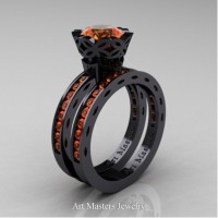Classic Armenian 14K Black Gold 1.0 Ct Orange Sapphire Engagement Ring Wedding Band Bridal Set AR140S-14KBGOS