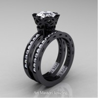 Classic Armenian 14K Black Gold 1.0 Ct White Sapphire Diamond Engagement Ring Wedding Band Bridal Set AR140S-14KBGDWS
