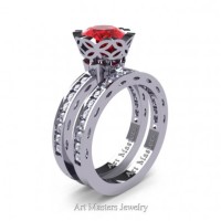Classic Armenian 14K White Gold 1.0 Ct Ruby Diamond Engagement Ring Wedding Band Bridal Set AR140S-14KWGDR
