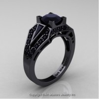 Classic Edwardian 14K Black Gold 1.0 Ct Black Diamond Engagement Ring R285-14KBGBD