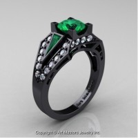 Classic Edwardian 14K Black Gold 1.0 Ct Emerald Diamond Engagement Ring R285-14KBGDEM