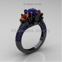 Classic French 14K Black Gold Three Stone 2.0 Ct Blue and Orange Sapphire Solitaire Ring R421-14KBGOSBS