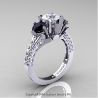 Classic French 14K White Gold Three Stone 2.0 Ct CZ Black and White Diamond Solitaire Ring R421-14KWGDBDCZ