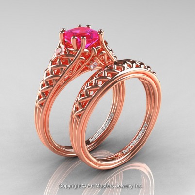 Classic-French-Rose-Gold-Princess-Pink-Sapphire-Diamond-Lace-Engagement-Ring-Wedding-Band-Bridal-Set-R175PS-RGDPS-P-402×402