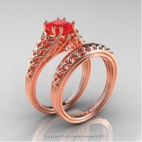 French 14K Rose Gold 1.0 Ct Princess Ruby Diamond Lace Engagement Ring Wedding Band Bridal Set R175PS-14KRGDR
