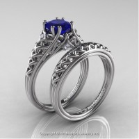 French 14K White Gold 1.0 Ct Princess Blue Sapphire Diamond Lace Engagement Ring Wedding Band Bridal Set R175PS-14KWGDBS