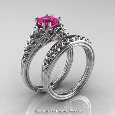 Classic-French-White-Gold-Princess-Pink-Sapphire-Diamond-Lace-Engagement-Ring-Wedding-Band-Bridal-Set-R175PS-WGDPS-P-402×402