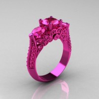 Classic 14K Pink Gold Three Stone Pink Sapphire Designer Solitaire Ring R200-14KPGPS