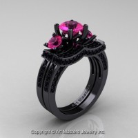French 14K Black Gold Three Stone Pink Sapphire Black Diamond Engagement Ring Wedding Band Bridal Set R182S-14KBGBDPS