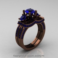 Exclusive French 14K Chocolate Brown Gold Three Stone Blue Sapphire Engagement Ring Wedding Band Set R182S-14KBRGBS
