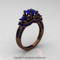 Exclusive French 14K Chocolate Brown Gold Three Stone Blue Sapphire Engagement Ring R182-14KBRGBS