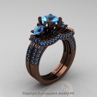 Exclusive French 14K Chocolate Brown Gold Three Stone Blue Topaz Engagement Ring Wedding Band Set R182S-14KBRGBT