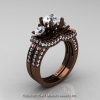 Exclusive French 14K Chocolate Brown Gold Three Stone White Sapphire Engagement Ring Wedding Band Set R182S-14KBRGWS