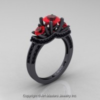 Exclusive 14K Matte Black Gold Three Stone Ruby Black Diamond Engagement Ring Wedding Ring R182-14KMBGBDR