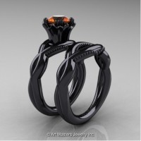 Faegheh Modern Classic 14K Black Gold 1.0 Ct Orange Sapphire Engagement Ring Wedding Band Set R290S-14KBGOS