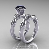 Faegheh Modern Classic 14K White Gold 1.0 Ct Black Diamond Engagement Ring Wedding Band Set R290S-14KWGBD
