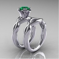 Faegheh Modern Classic 14K White Gold 1.0 Ct Emerald Engagement Ring Wedding Band Set R290S-14KWGEM