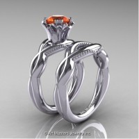 Faegheh Modern Classic 14K White Gold 1.0 Ct Orange Sapphire Engagement Ring Wedding Band Set R290S-14KWGOS