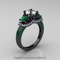 Exclusive 14K Black Gold Three Stone CZ Emerald Diamond Engagement Ring Wedding Ring R182-14KBGDEMCZ
