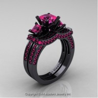 French 14K Black Gold Three Stone Princess Pink Sapphire Engagement Ring Wedding Band Bridal Set R183S-14KBGPS