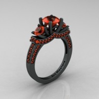 Exclusive 14K Matte Black Gold Three Stone Orange Sapphire Engagement Ring Wedding Ring R182-14KMBGOS