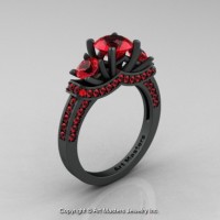 Exclusive 14K Matte Black Gold Three Stone Rubies Engagement Ring Wedding Ring R182-14KMBGR