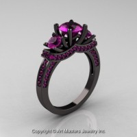 French 14K Black Gold Three Stone Amethyst Wedding Ring Engagement Ring R182-14KBGAM